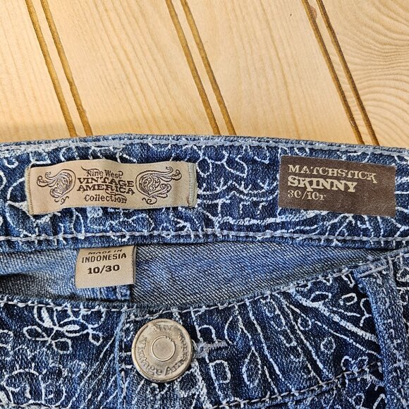 Nine West Vintage America Size 30/10R Blue Paisley Matchstick Skinny Ankle Jeans - Picture 8 of 10